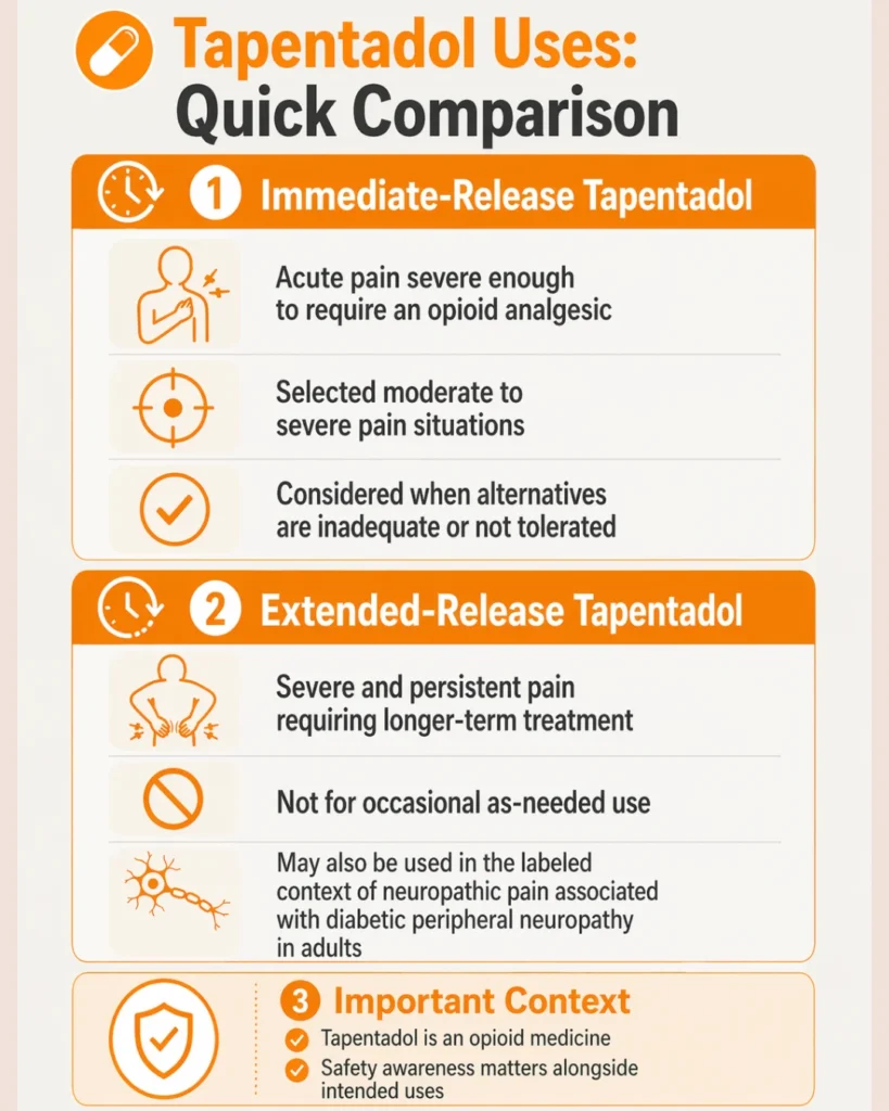 What Is Tapentadol Used For mobile infographic showing immediate-release and extended-release tapentadol uses, pain treatment contexts, and important safety information