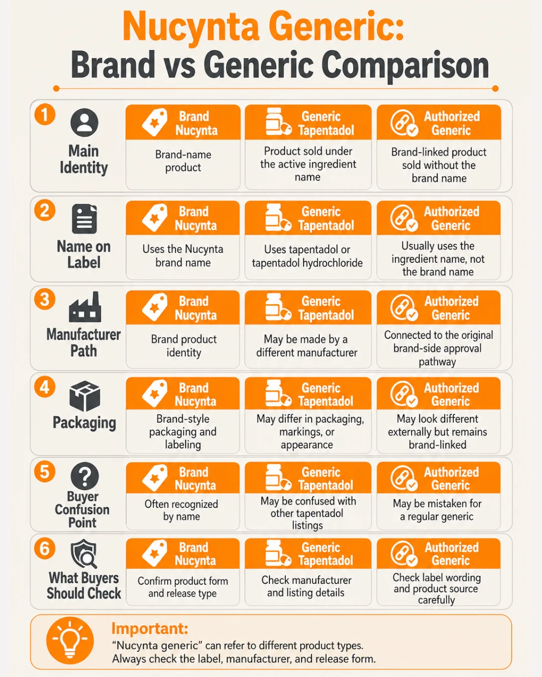 Nucynta generic mobile infographic comparing Brand Nucynta, generic tapentadol, and authorized generic products by label, manufacturer, packaging, and buyer checks.