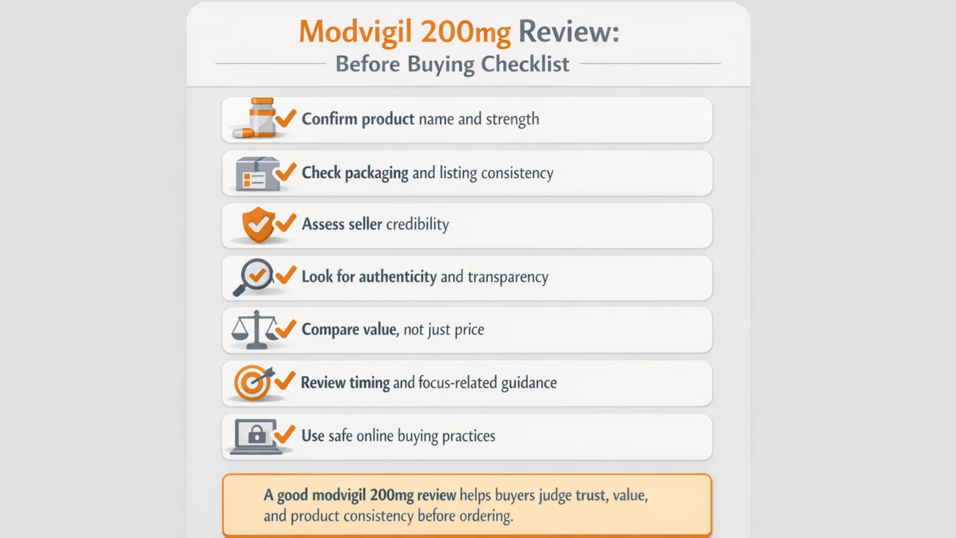 Infographic for a modvigil 200mg review showing a before-buying checklist with steps to confirm product name and strength, check packaging consistency, assess seller credibility, compare value, review guidance, and use safe online buying practices.