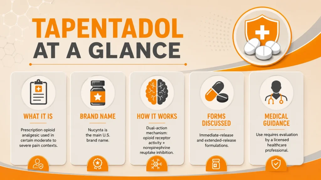 Tapentadol overview infographic explaining what it is, the Nucynta brand name, how it works, available forms, and medical guidance.