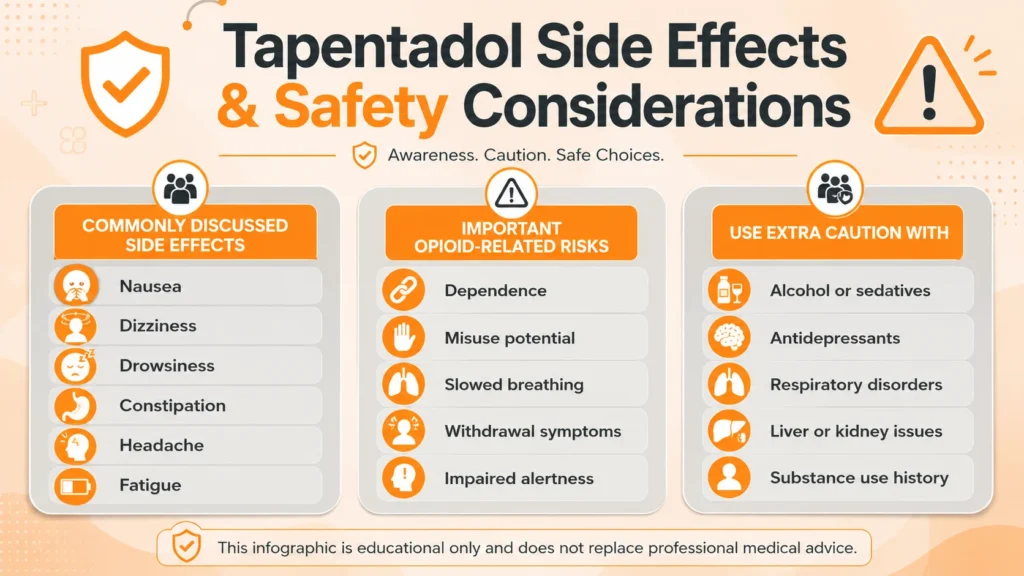 Educational infographic showing commonly discussed Tapentadol side effects, opioid-related risks, and safety considerations.