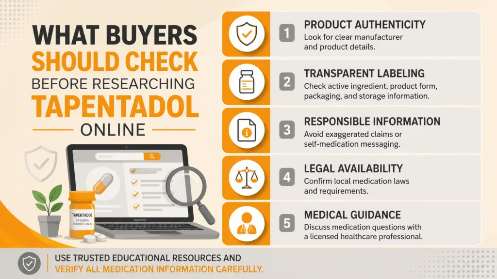 Infographic checklist showing what buyers should check before researching Tapentadol online, including authenticity, labeling, legal availability, and medical guidance.