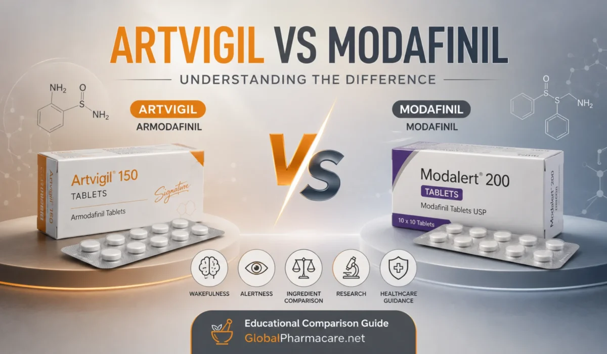 Artvigil vs Modafinil featured image showing a clean pharmaceutical comparison with tablet boxes, blister packs, and healthcare icons.