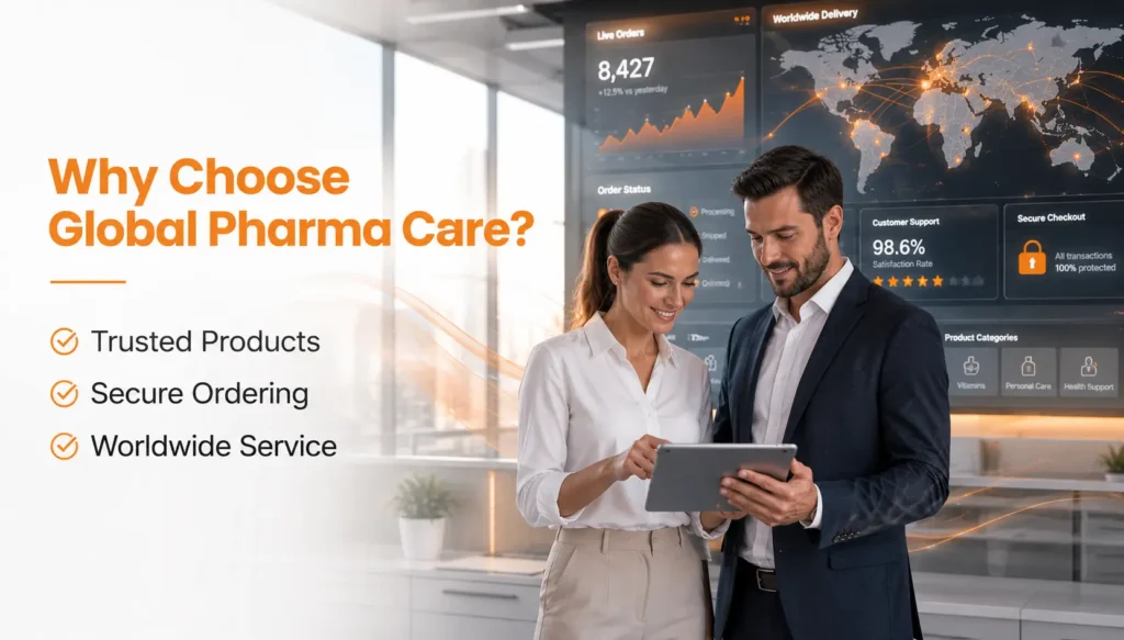 Global Pharma Care trusted online pharmacy with secure ordering and worldwide healthcare services