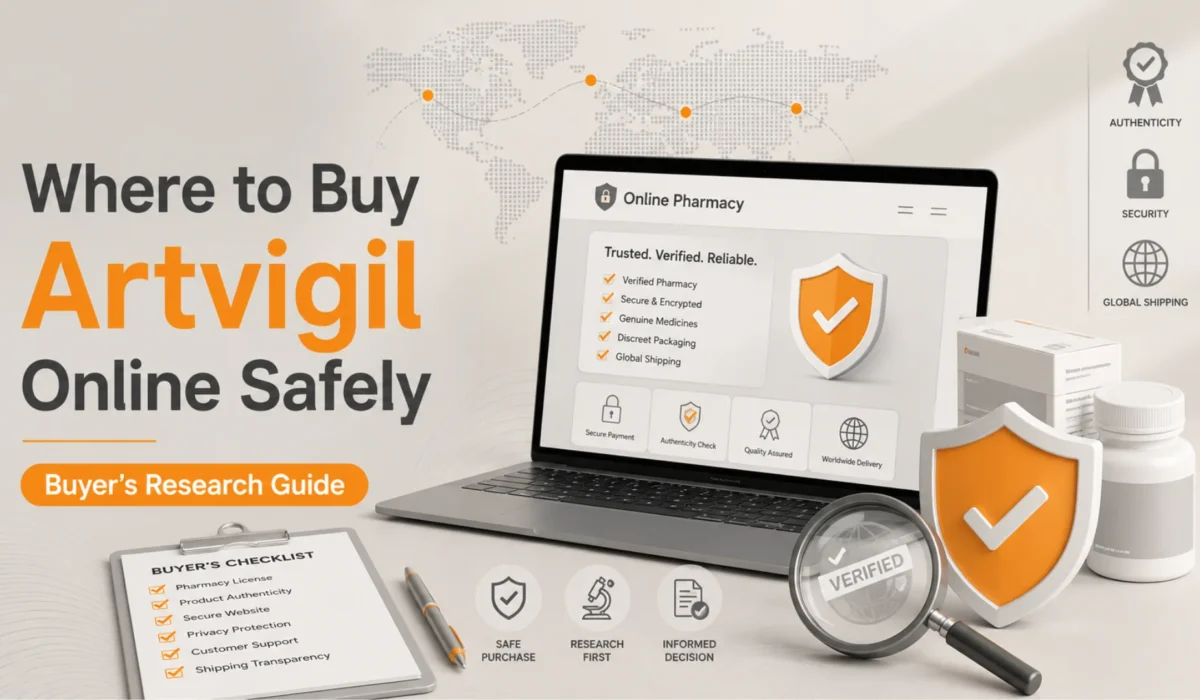 Featured image showing secure online pharmacy research for buying Artvigil online safely, with verification icons, checklist, laptop, shield, and shipping symbols.