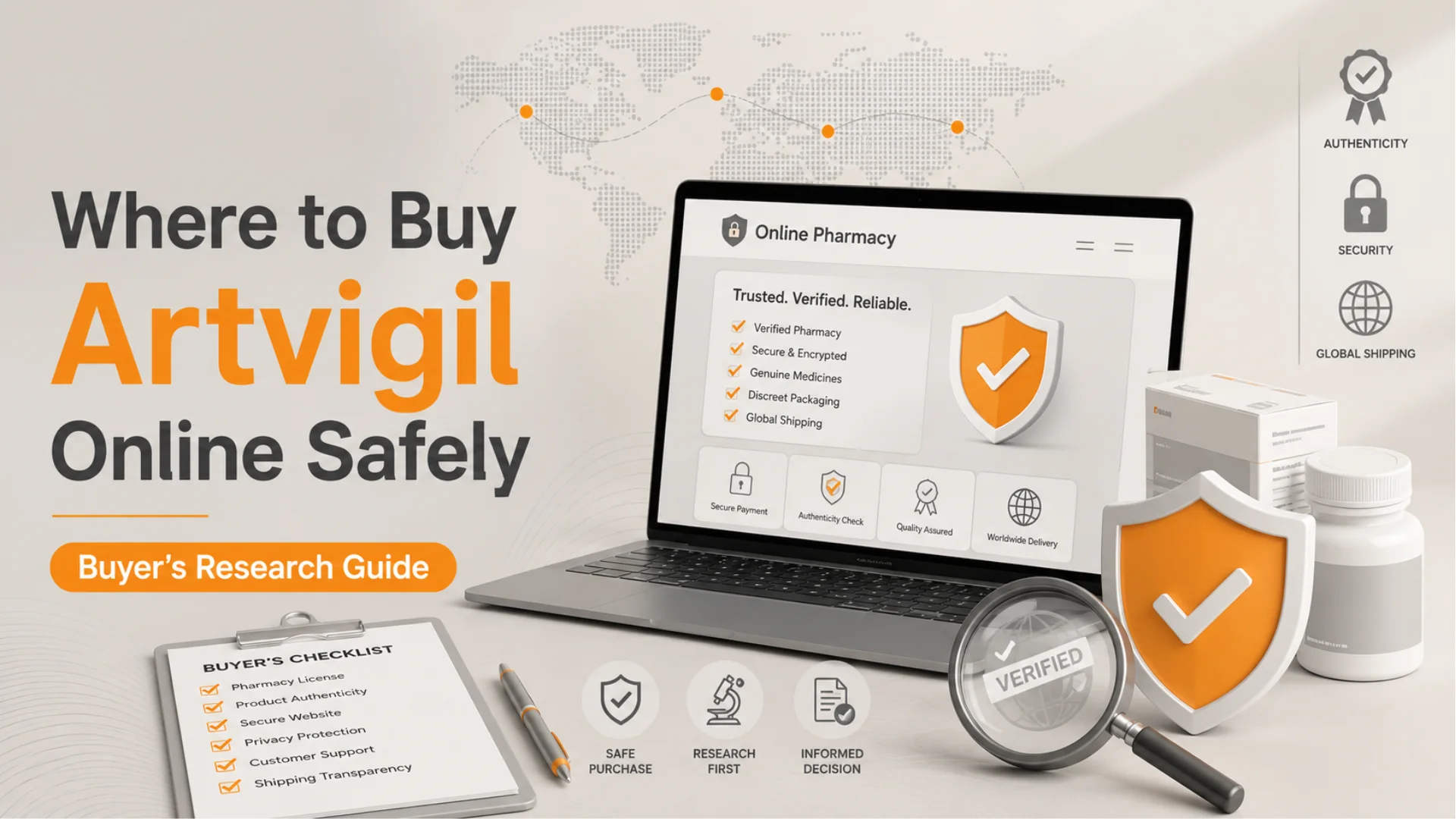 Featured image showing secure online pharmacy research for buying Artvigil online safely, with verification icons, checklist, laptop, shield, and shipping symbols.