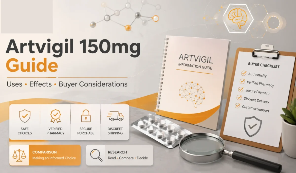 Professional healthcare editorial image for an Artvigil 150mg guide with medicine research notes, buyer checklist, pharmacy verification icons, and pill blister imagery.