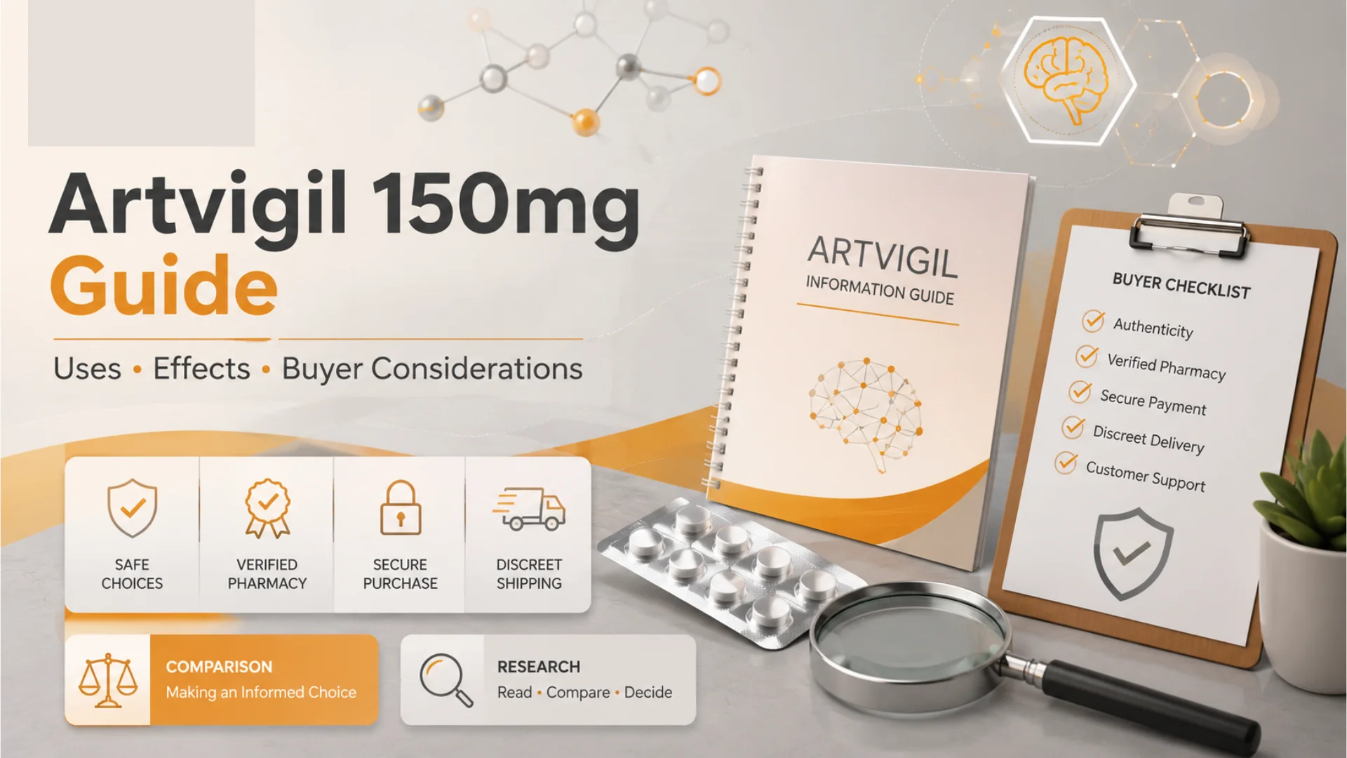 Professional healthcare editorial image for an Artvigil 150mg guide with medicine research notes, buyer checklist, pharmacy verification icons, and pill blister imagery.